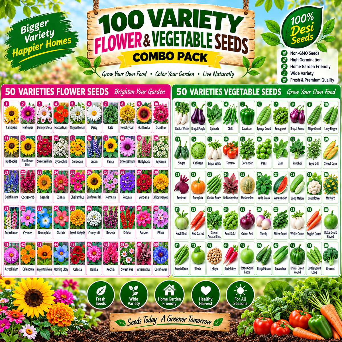 100 Varieties Flower & Vegetable Seeds Combo Pack | 100% Desi Non-GMO Seeds | High Germination | Kitchen & Terrace Garden