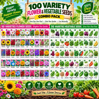 100 Varieties Flower & Vegetable Seeds Combo Pack | 100% Desi Non-GMO Seeds | High Germination | Kitchen & Terrace Garden