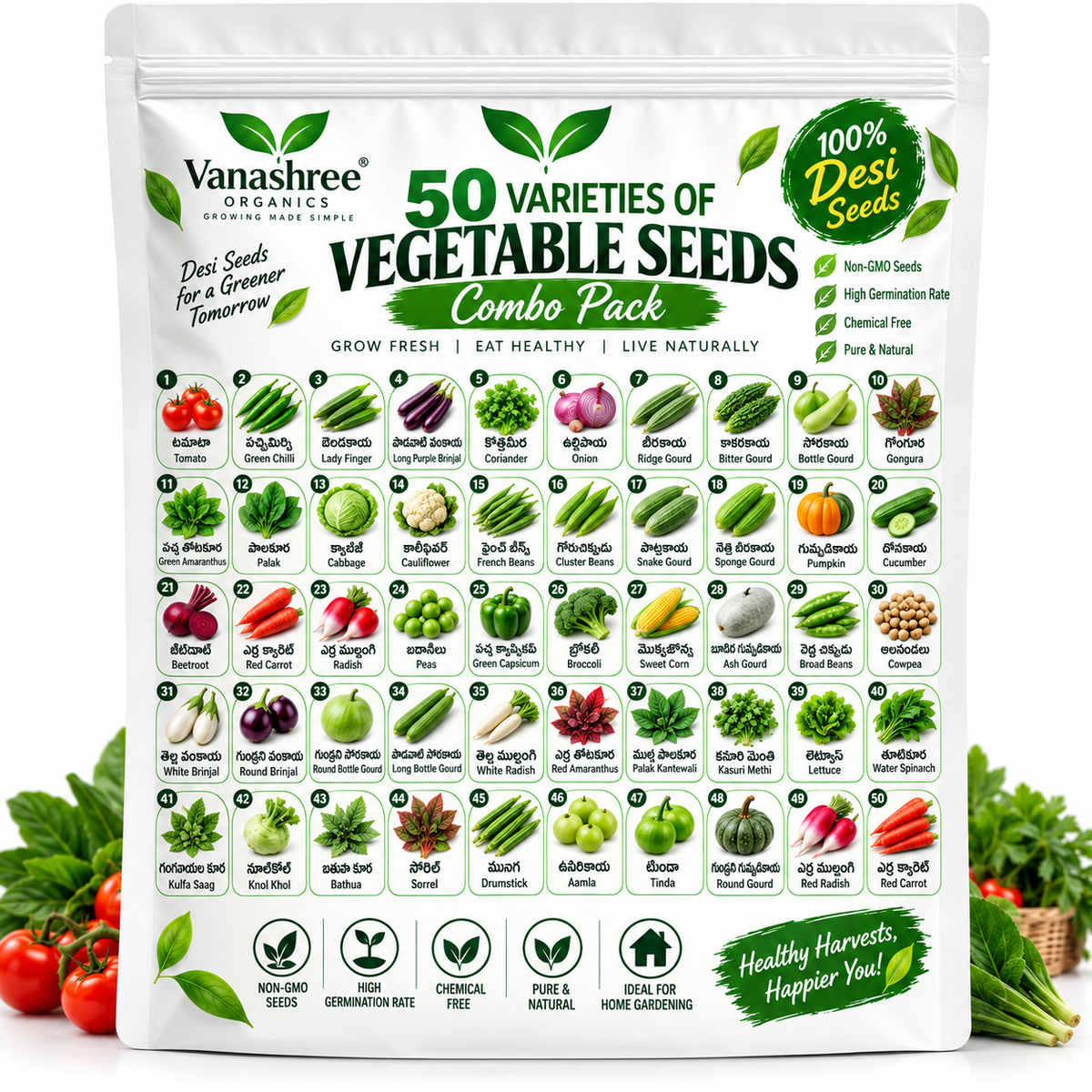 50 Variety Desi Vegetable Seeds Combo | Premium Vegetable Seeds Kit | High Germination | Kitchen & Terrace Garden