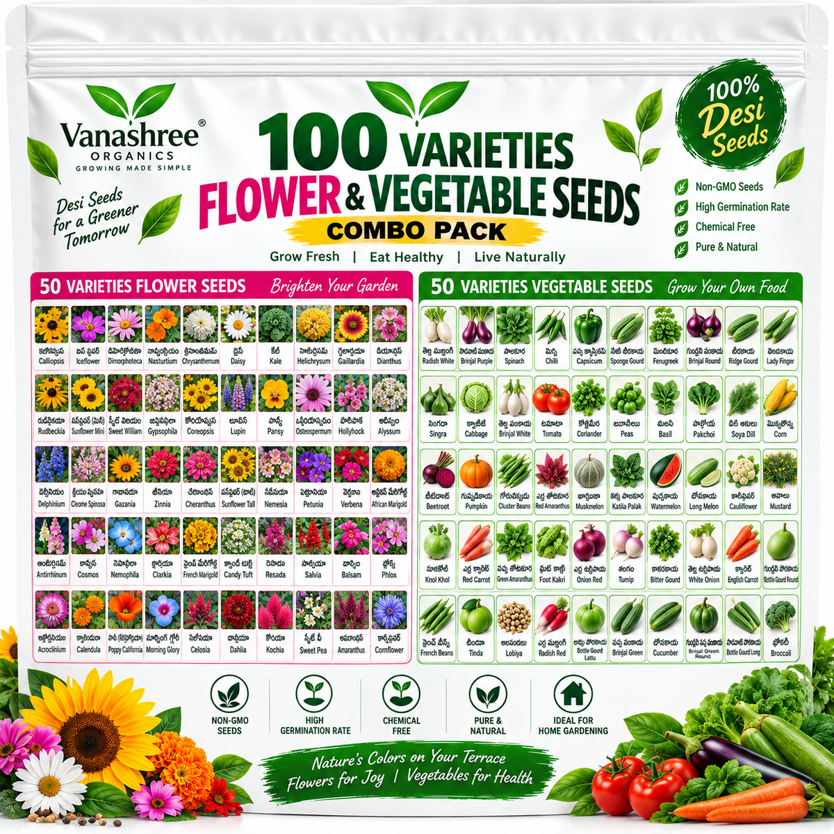Vanashree Organics 100 Varieties Flower & Vegetable Seeds Combo Pack showing all 50 flower and 50 vegetable varieties