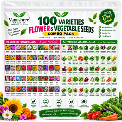 Vanashree Organics 100 Varieties Flower & Vegetable Seeds Combo Pack showing all 50 flower and 50 vegetable varieties