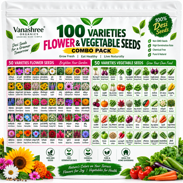 Vanashree Organics 100 Varieties Flower & Vegetable Seeds Combo Pack showing all 50 flower and 50 vegetable varieties