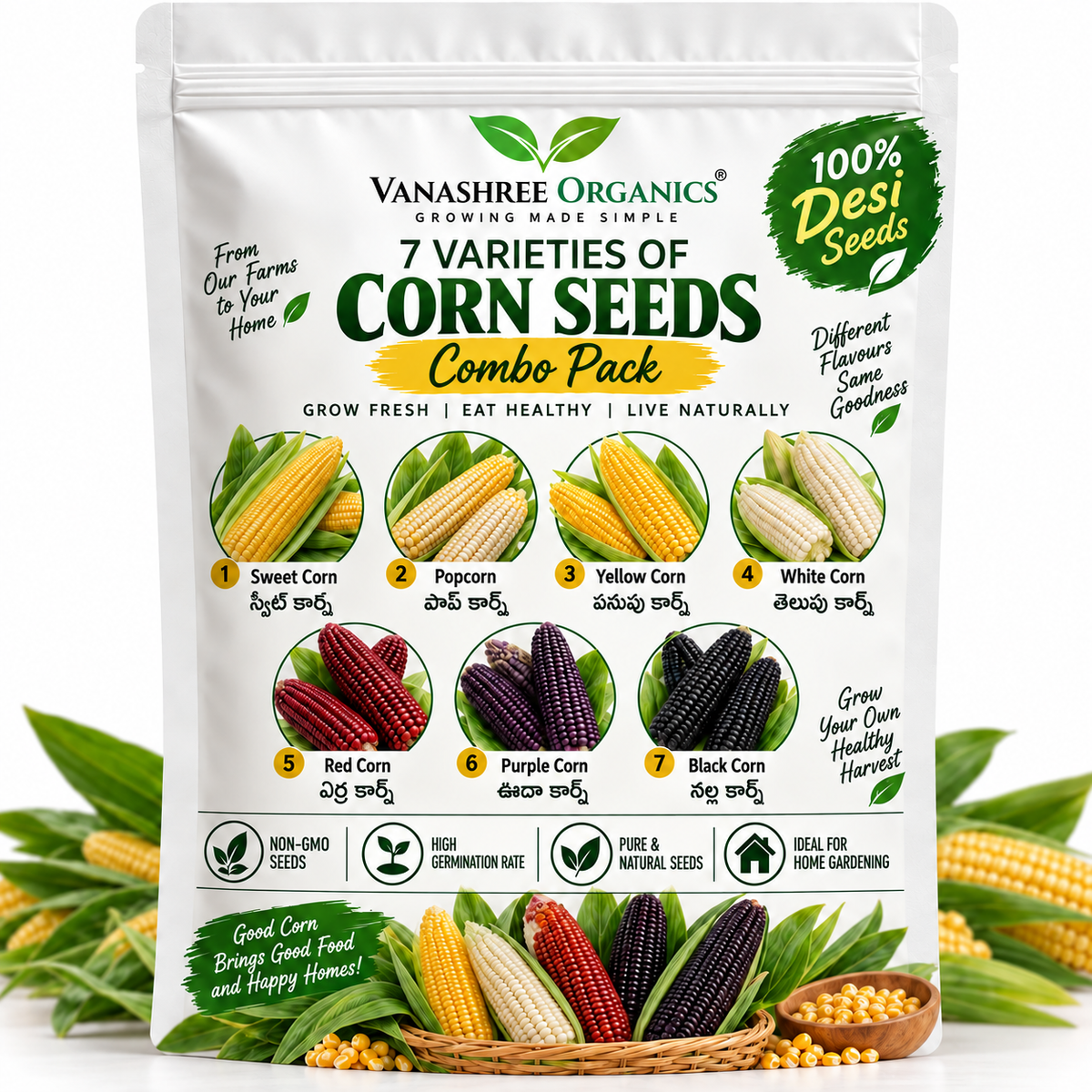 7 Varieties of Corn Seeds Combo Pack - Sweet Corn, Popcorn, Yellow, White, Red, Purple, Black Corn | Vanashree Organics