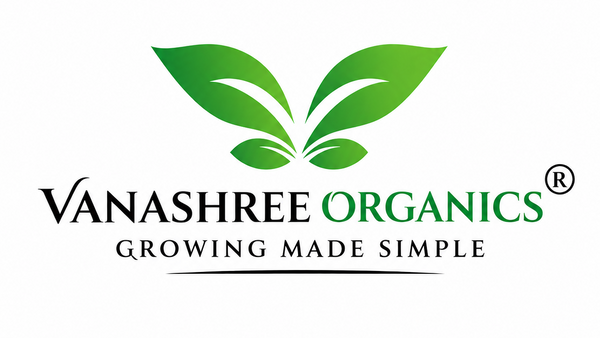 Vanashree Organics logo with green leaf graphic and the tagline 'Growing Made Simple' on a white background.