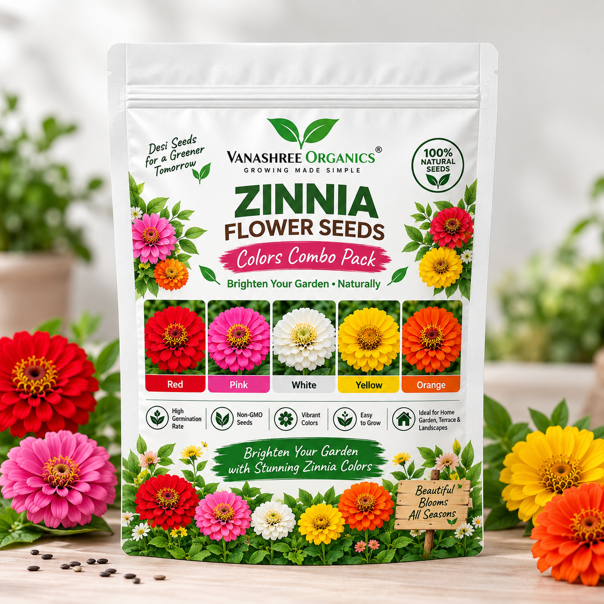 Zinnia 5 Color Combo – Red, Pink, White, Yellow & Orange Flower Seeds | Best Choice for Home Gardening